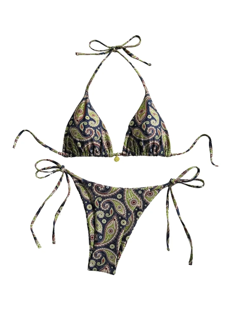 MAKEMECHIC Triangle String Paisley Bikini Set