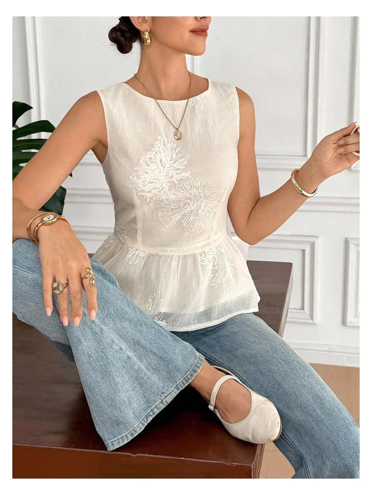 MAKEMECHIC Ruffle Crewneck Jacquard Tank Top, view 2