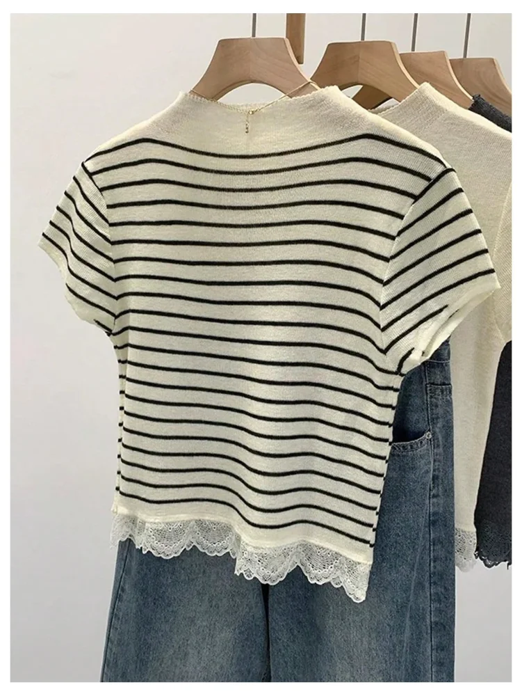MAKEMECHIC Short Sleeve Mock Neck Lace Sweater, view 3