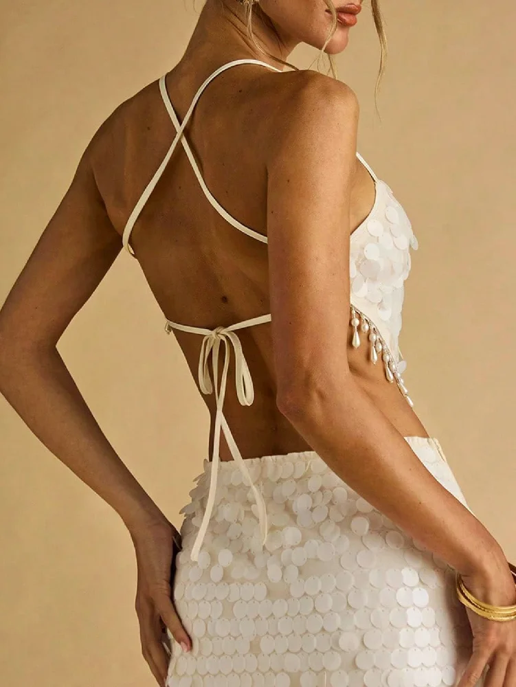 MAKEMECHIC Sequin Beaded Fringe Halter Top, view 2