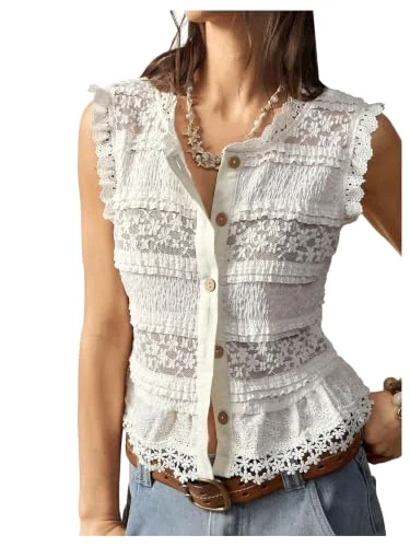 MAKEMECHIC Floral Lace Button Down Blouse