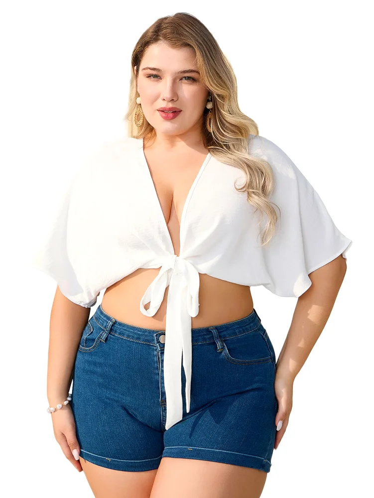 MAKEMECHIC Tie Front Puff Sleeve Deep Crop Top