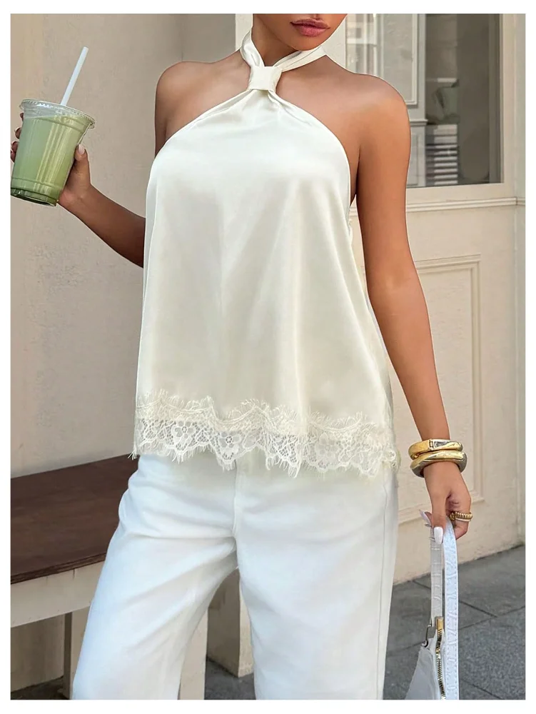 MAKEMECHIC Satin Lace Sleeveless Halter Top, view 3