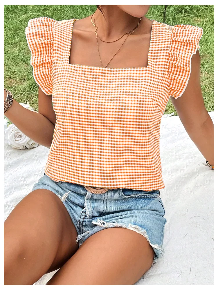 MAKEMECHIC Gingham Plaid Cap Sleeve Shirt, view 2