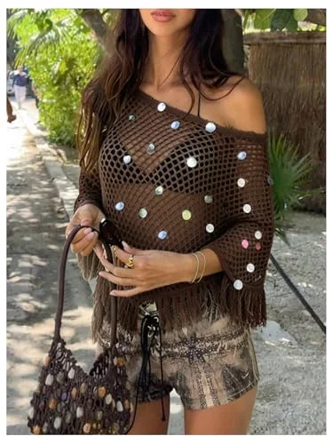MAKEMECHIC Fringe Sequin Crochet Sweater, view 2