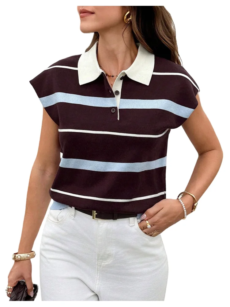 MAKEMECHIC Striped Cap Sleeve Collared Sweater Vest