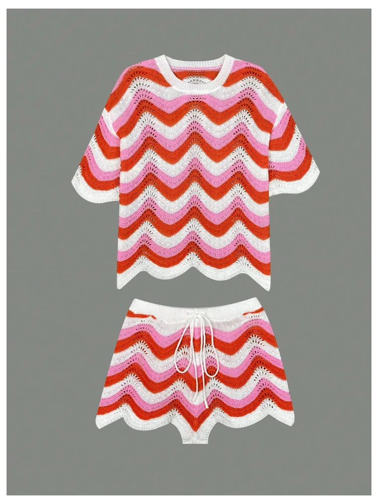 MAKEMECHIC Striped Crochet Beach Cover-Up, crew neck, view 3