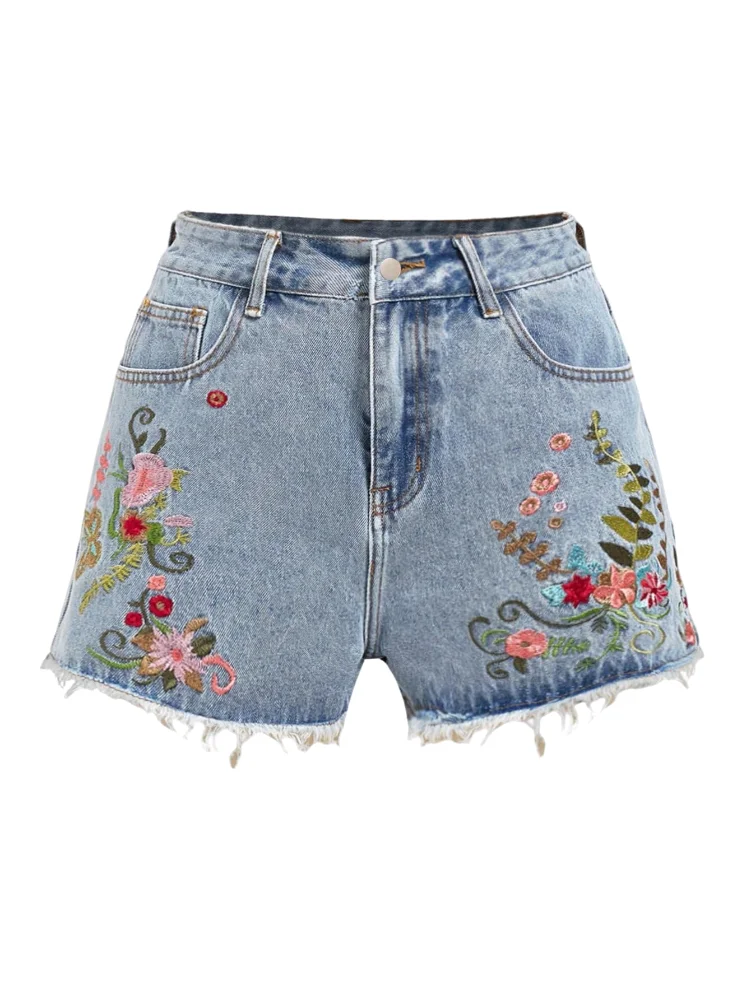 MAKEMECHIC Floral Embroidered Jean Shorts