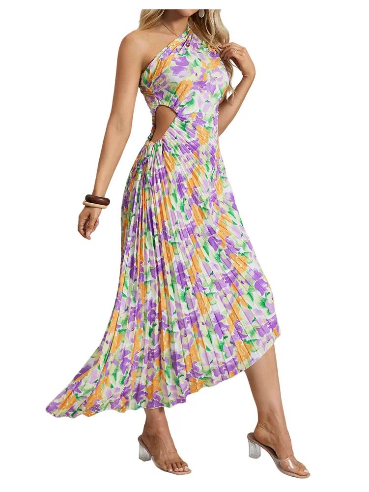 MAKEMECHIC Striped Cut Out One Shoulder Maxi Dress