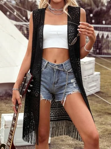MAKEMECHIC Crochet Fringe Sleeveless Cardigan, view 3