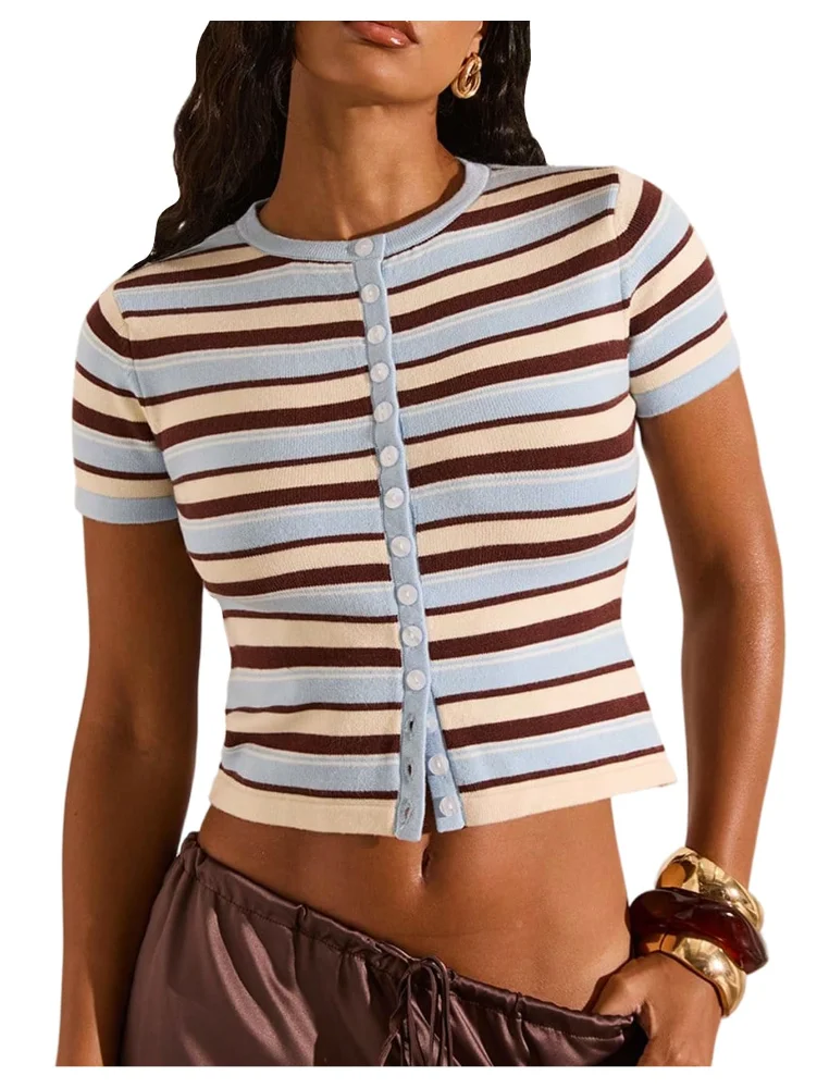 MAKEMECHIC Striped Crop Lightweight Cardigan