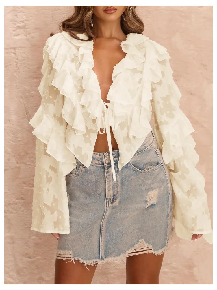 MAKEMECHIC Tie V-Neck Ruffle Crop Top, view 3