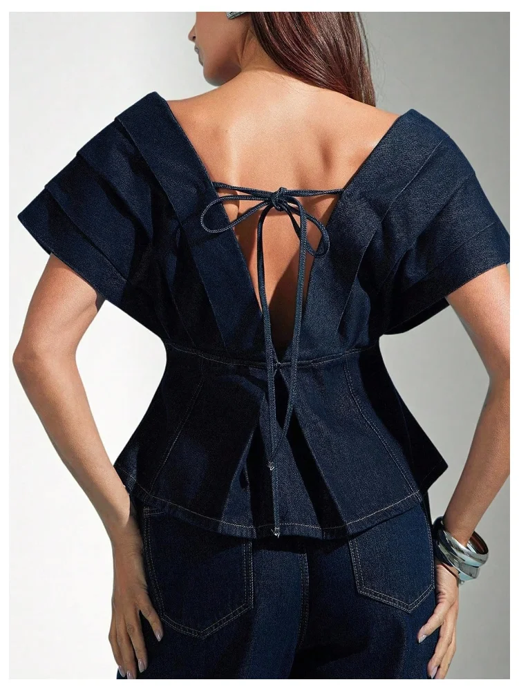 MAKEMECHIC Denim Wrap V-Neck Top, view 3