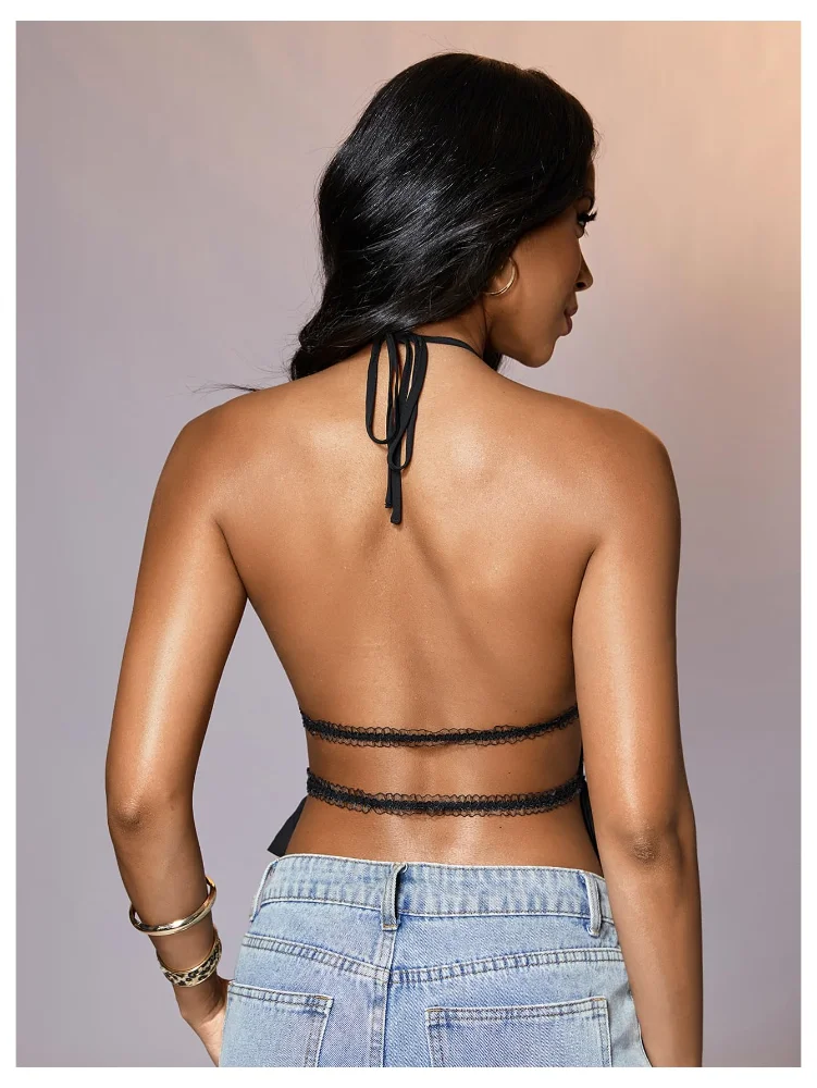 MAKEMECHIC Crop Open Back Ruffle Halter Top, view 3