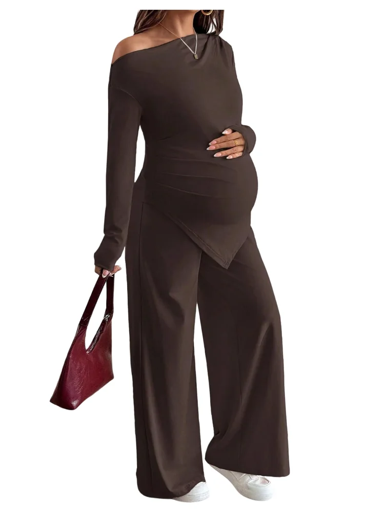 MAKEMECHIC Asymmetrical Maternity Pants Set, one-shoulder