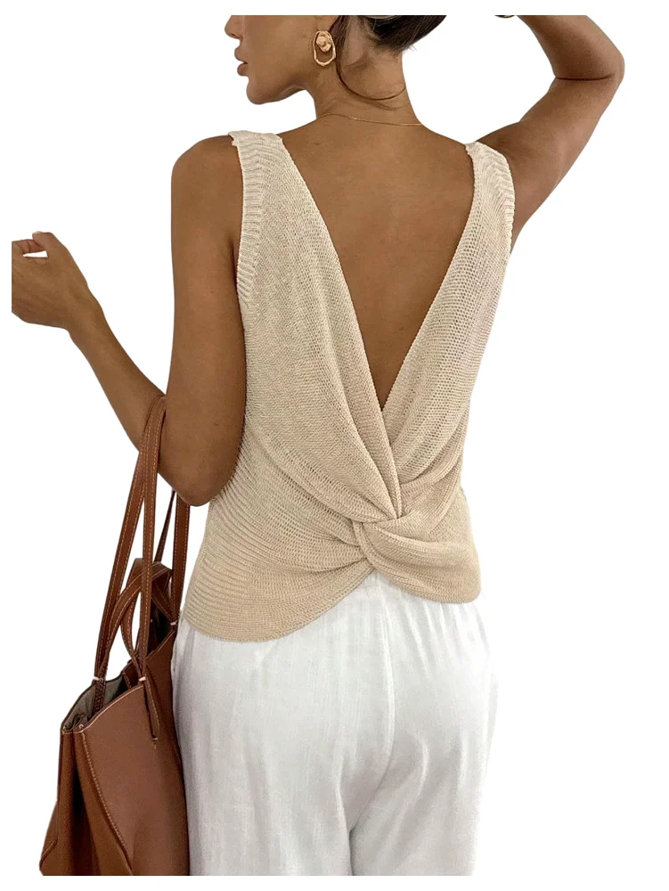 MAKEMECHIC Twist Open Back V-Neck Sweater