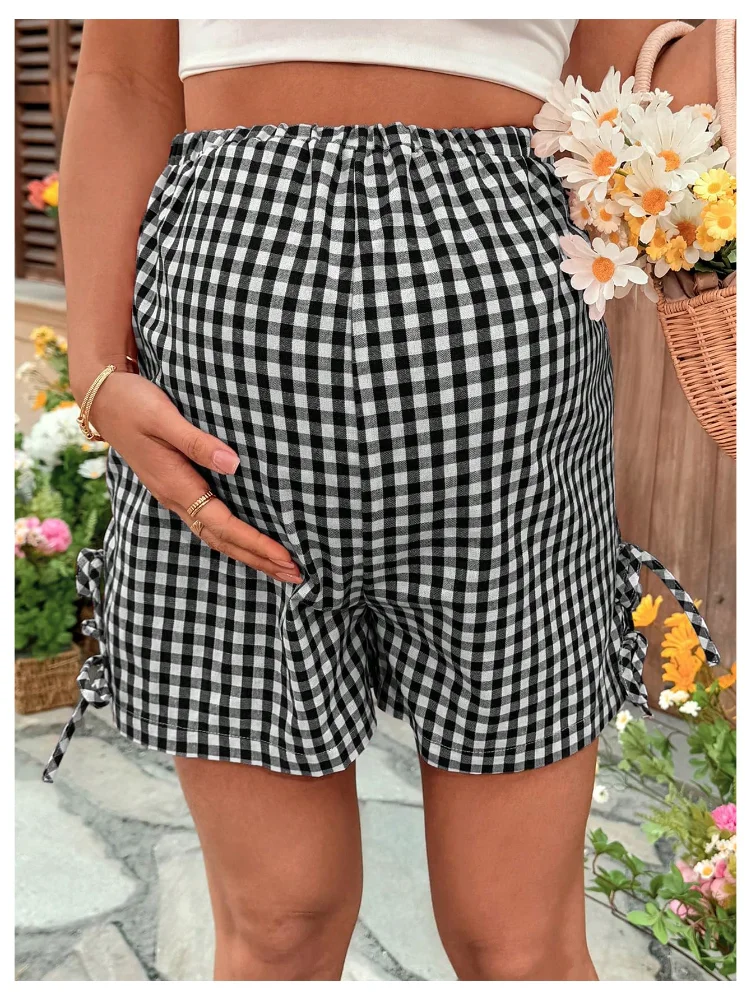 MAKEMECHIC Plaid Elastic High Waist Maternity Shorts, view 2