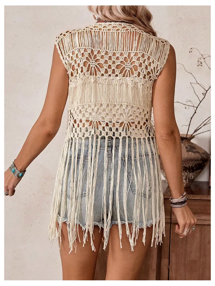 MAKEMECHIC Crochet Fringe Tie Front Cardigan, view 3