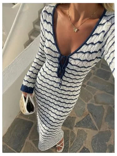MAKEMECHIC Crochet Striped V-Neck Beach Cover-Up, view 2