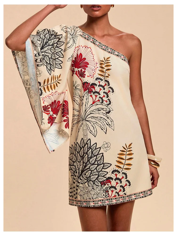 MAKEMECHIC Tropical One Shoulder Hawaiian Mini Dress in Apricot, view 3