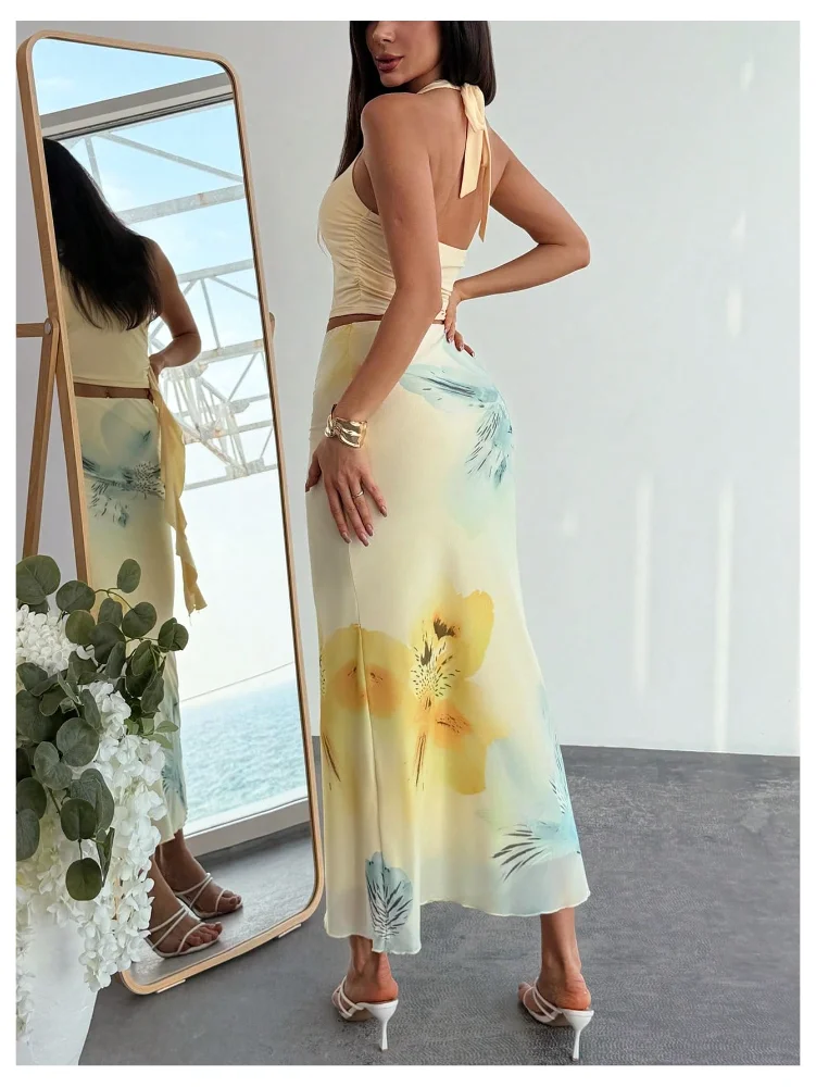 MAKEMECHIC Crop Floral Long Skirt Set, view 3