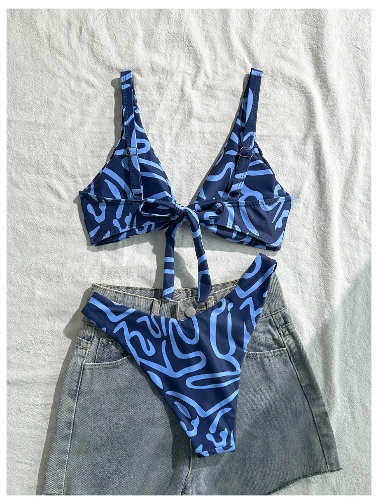 MAKEMECHIC Graphic Twisted Tie Back Bikini Set, view 3
