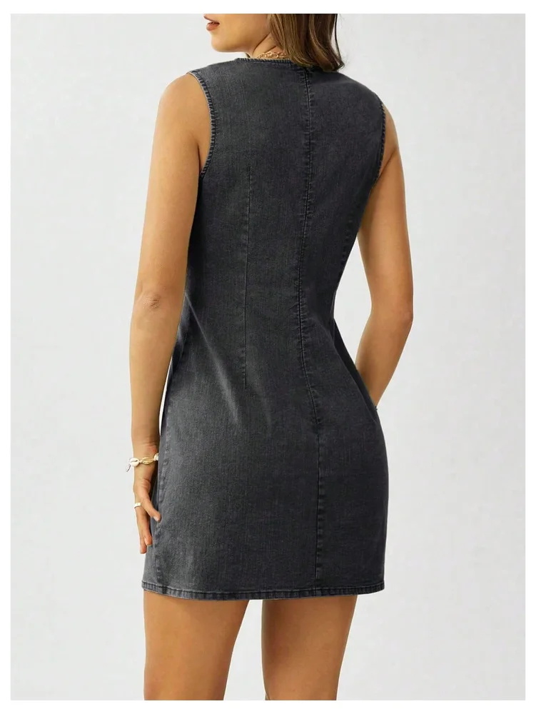 MAKEMECHIC Denim Crew Neck Sleeveless Mini Dress, view 2