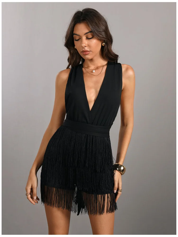 MAKEMECHIC Fringe Deep V Bodycon Jumpsuit, view 3