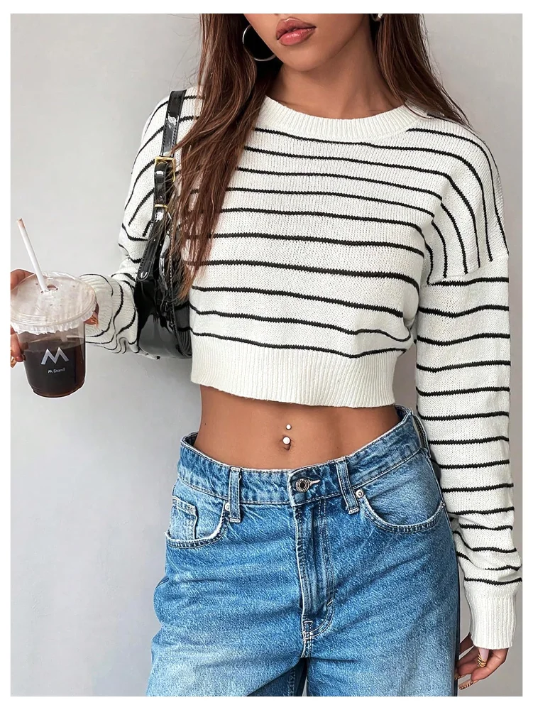MAKEMECHIC Striped Cropped Long Sleeve Sweater, view 2