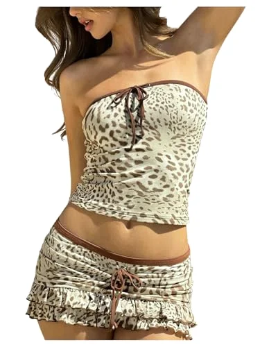 MAKEMECHIC Cheetah Print Tube Ruffle Two-Piece Set