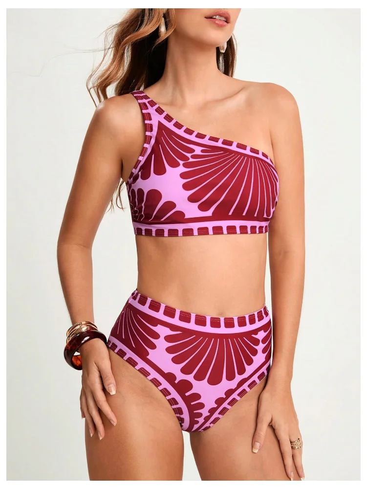 MAKEMECHIC One Shoulder Graphic Print Bikini Set, view 2