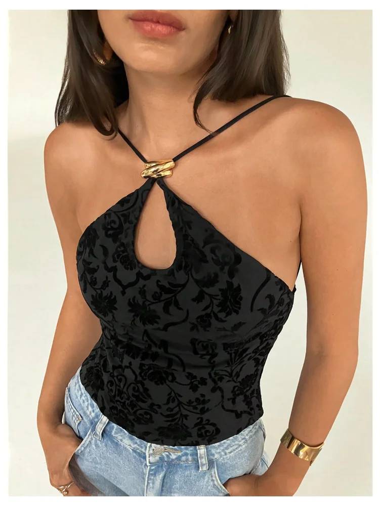 MAKEMECHIC Floral Cut Out Sleeveless Halter Top, view 3