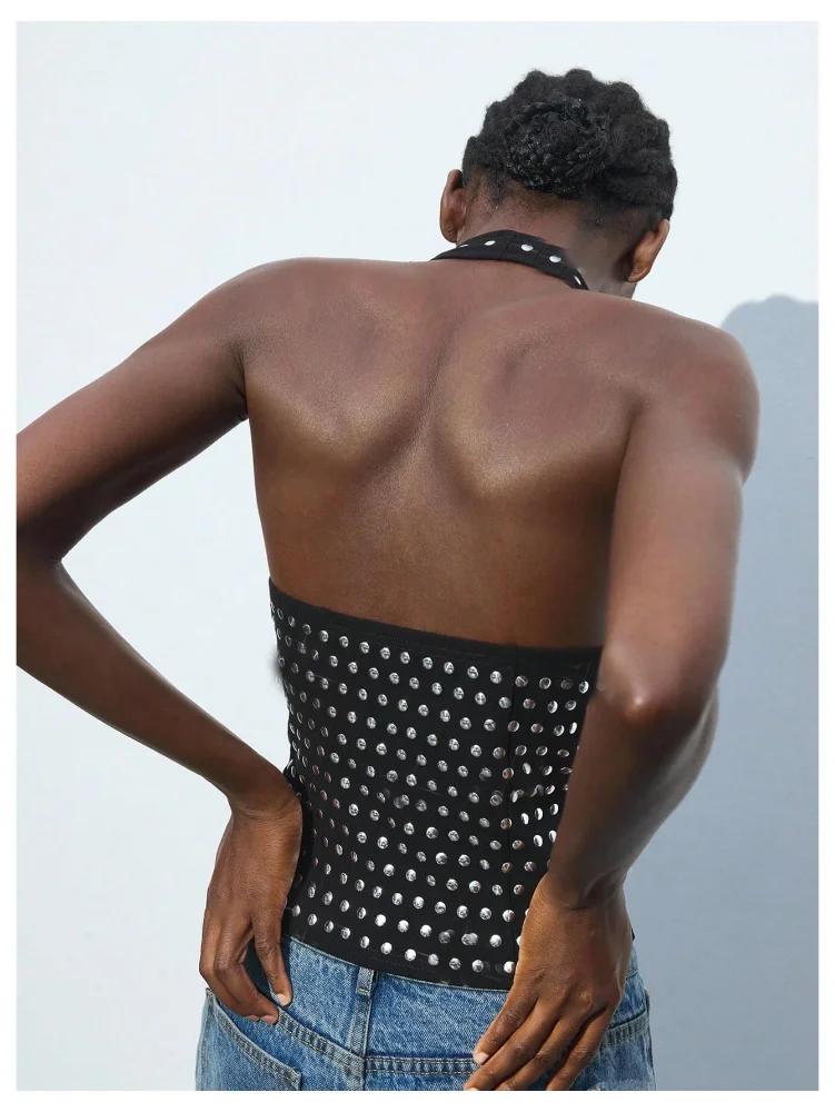MAKEMECHIC Studded Deep V-Neck Halter Top, view 3
