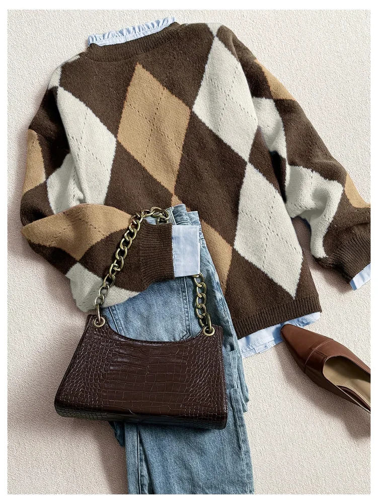 MAKEMECHIC Argyle Plaid Crew Neck Sweater, view 3