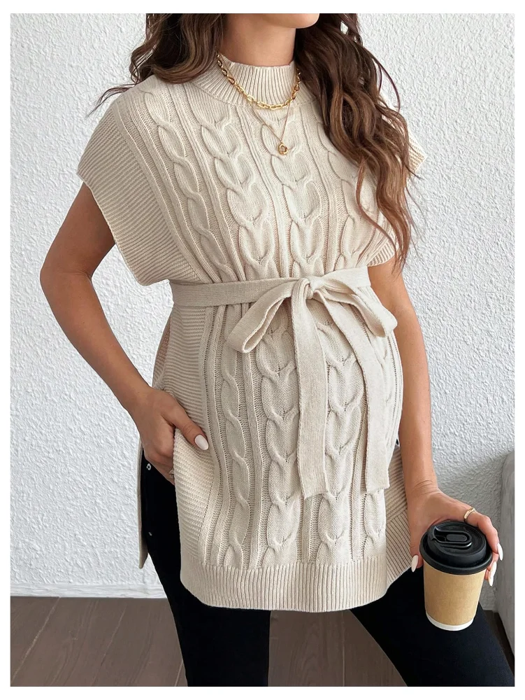 MAKEMECHIC Split Belted Knit Maternity Sweater, view 2