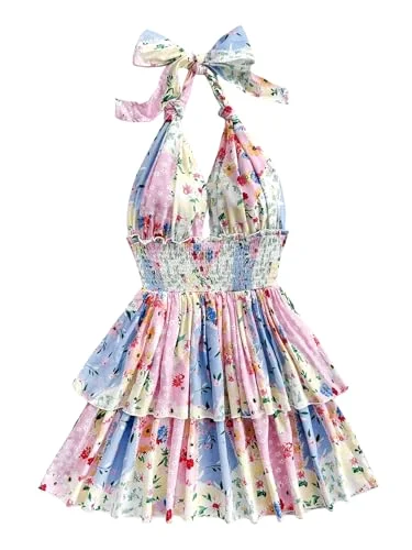 MAKEMECHIC Floral Ruffle Backless Mini Dress