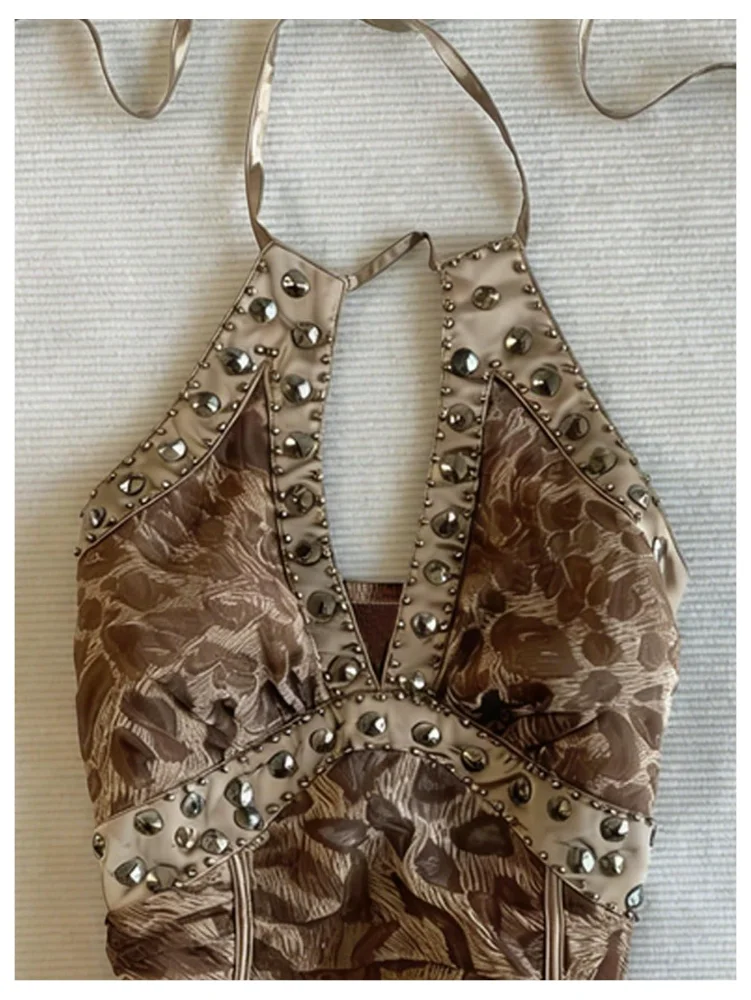MAKEMECHIC Cheetah Print Studded Backless Halter Top, view 3