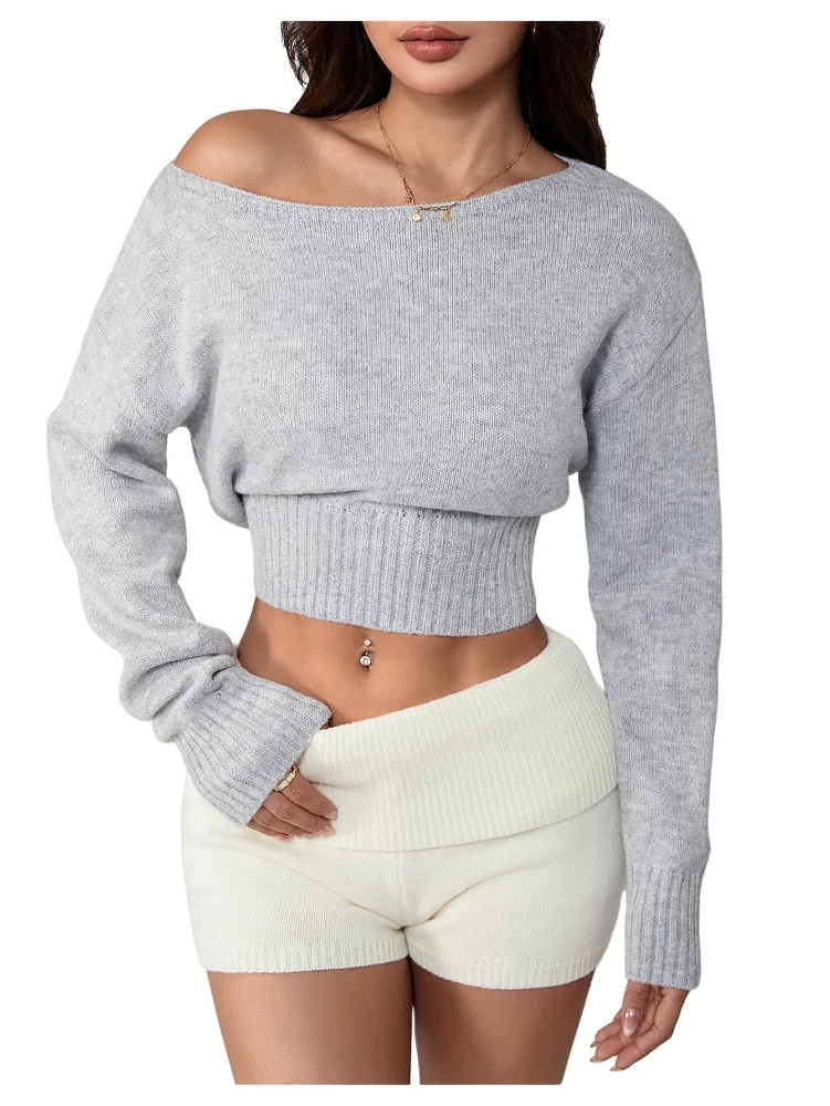 MAKEMECHIC Cropped Long Sleeve Off The Shoulder Sweater