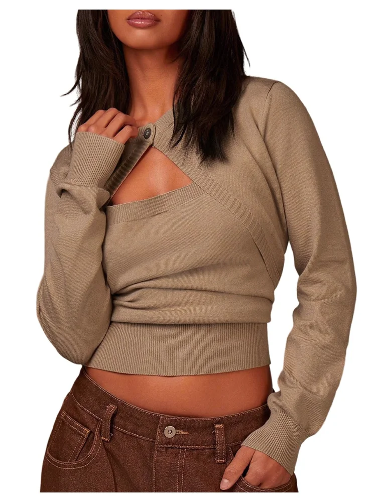 MAKEMECHIC Cut Out Cropped Long Sleeve Sweater