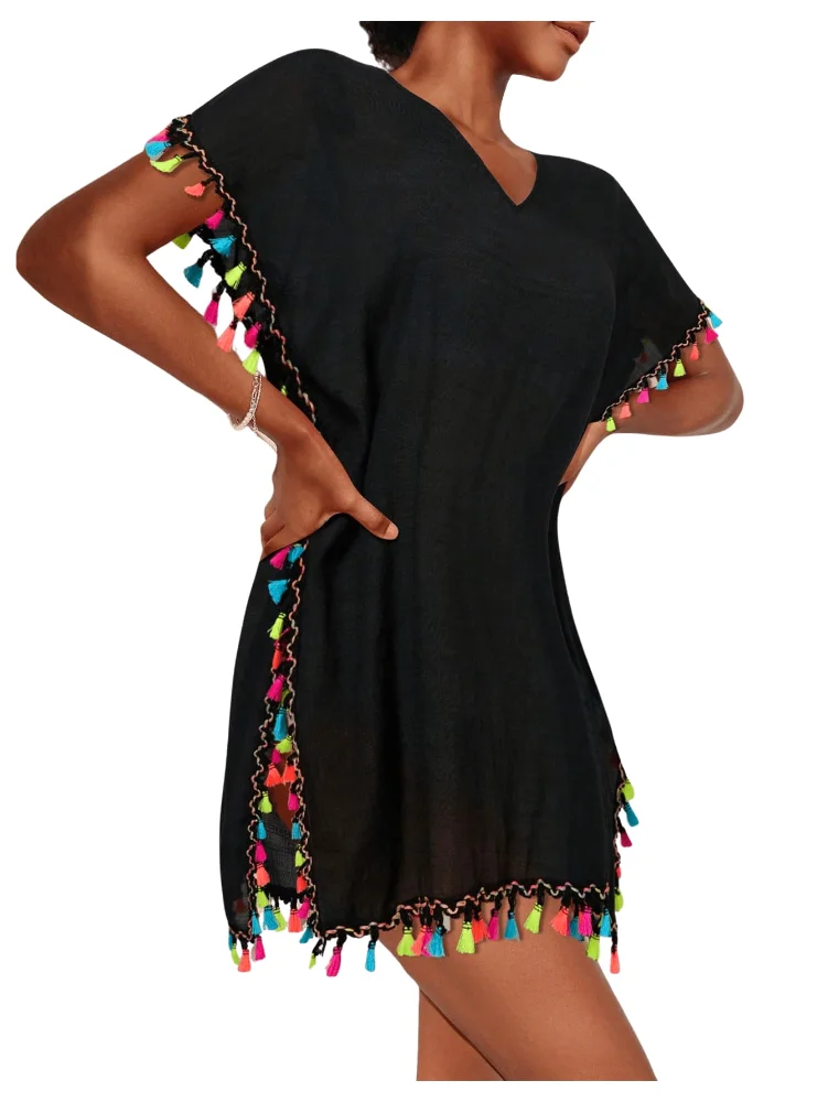 MAKEMECHIC Short Sleeve Tassel Beach Cover-Up