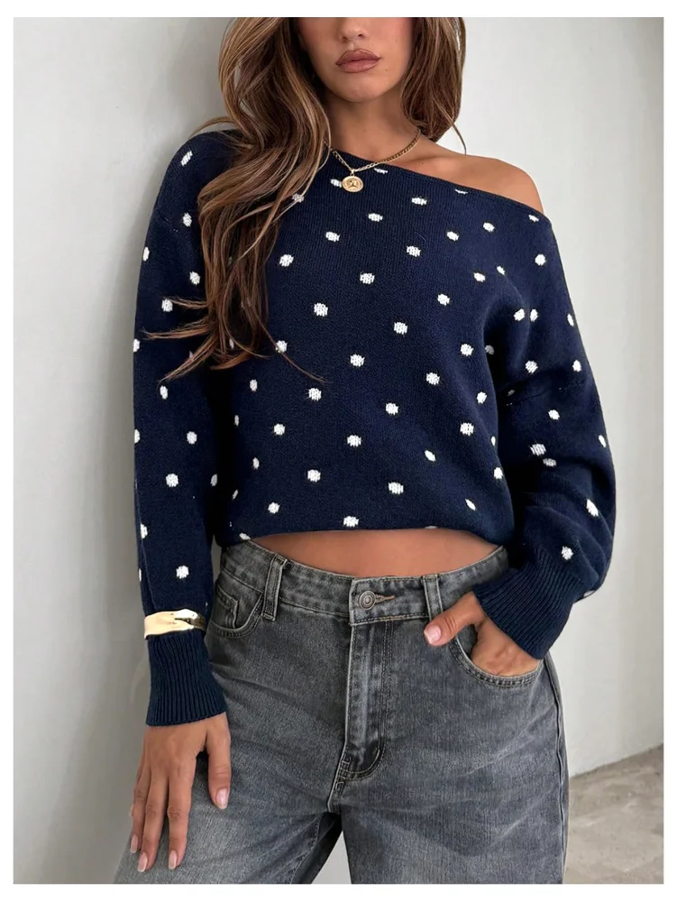 MAKEMECHIC Polka Dot One Shoulder Long Sleeve Sweater, view 2