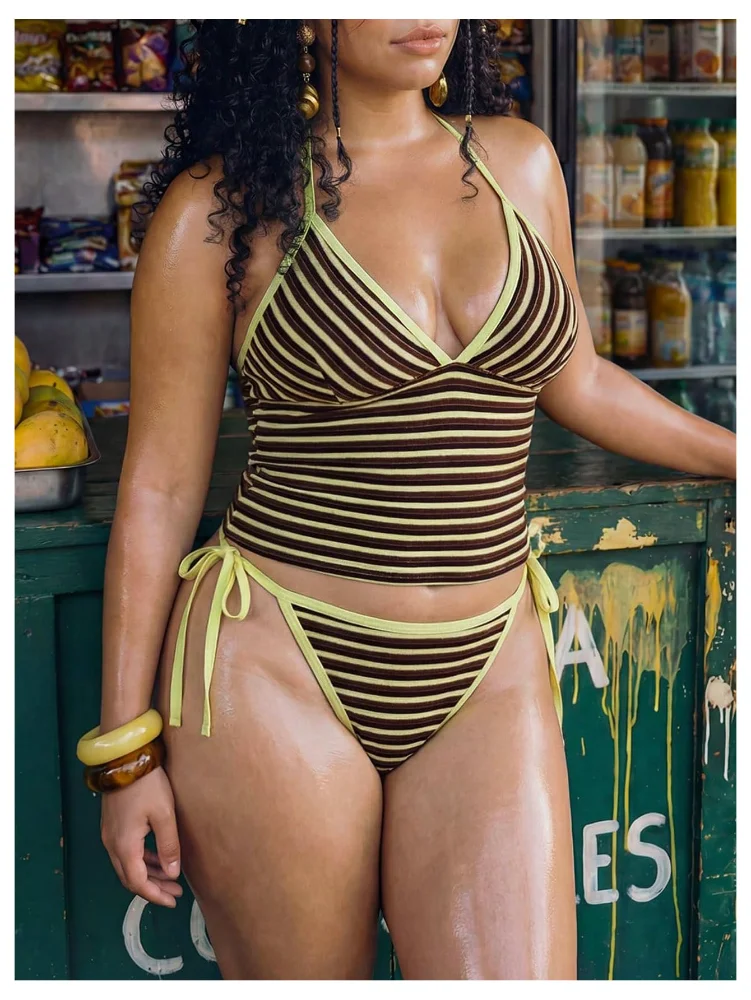 MAKEMECHIC Striped Tie Backless Tankini, view 2