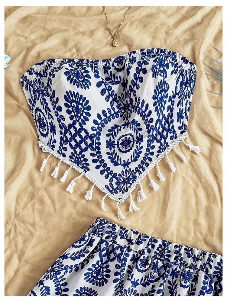 MAKEMECHIC Fringe Strapless Tube Shorts Set, view 3