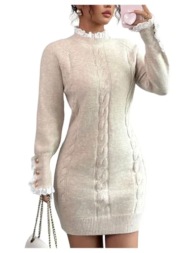MAKEMECHIC Button Lace Cable Knit Mini Dress