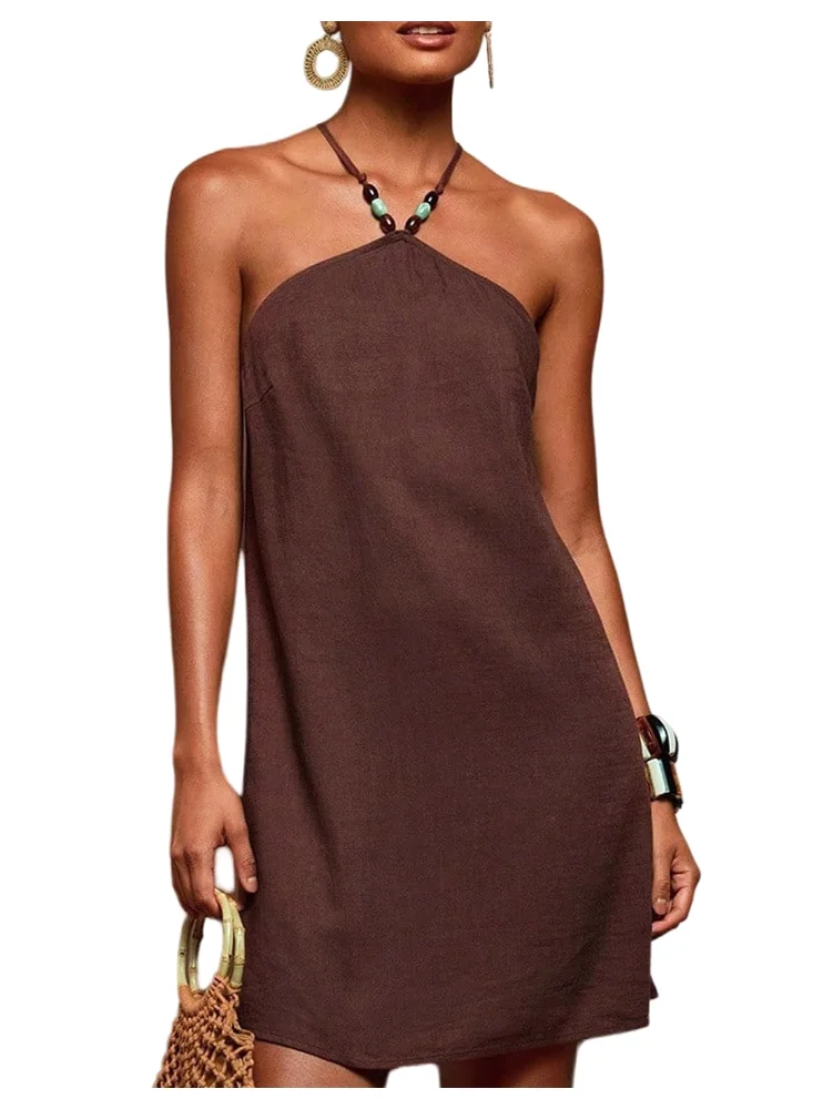 MAKEMECHIC Neck Beaded A Line Mini Dress