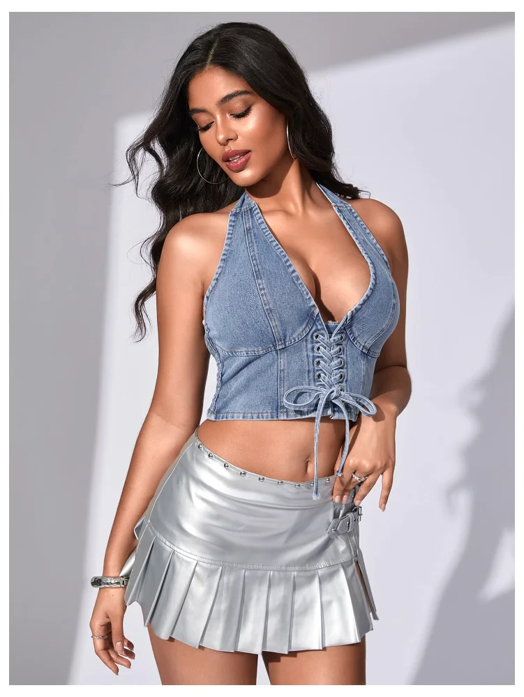 MAKEMECHIC Denim Lace Up Crop Corset Top, halter neck, view 3