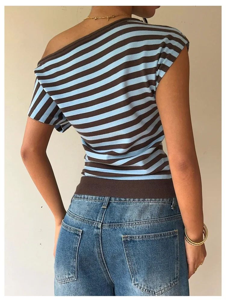 MAKEMECHIC Striped One Shoulder Cinched Top, view 3