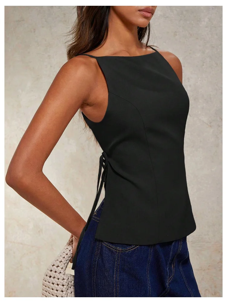 MAKEMECHIC Backless Halter Top in Black, view 2