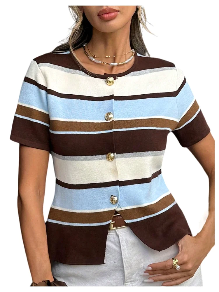 MAKEMECHIC Striped Short Sleeve Crewneck Cardigan