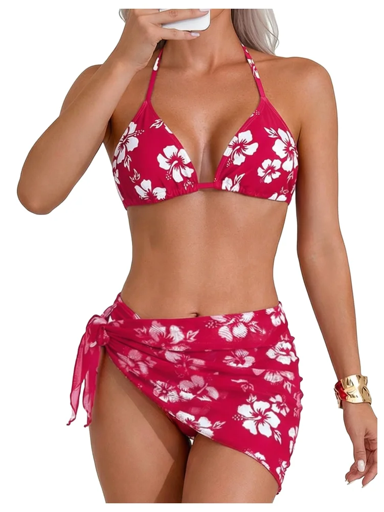 MAKEMECHIC Floral Triangle Backless Bikini Set, halter neck